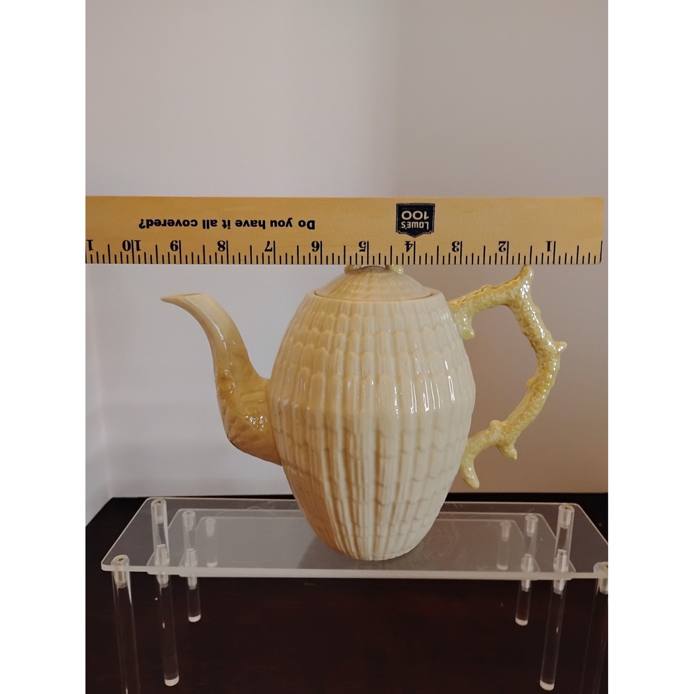 Belleek Ireland Neptune Teapot Shell Pattern Yellow Coral Handle 6th Green Mark - Picture 3 of 8